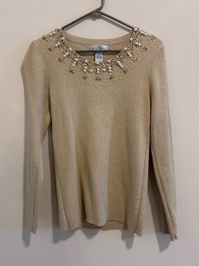Embellished Crewneck Long-Sleeve Sweater Top -‎ Beige